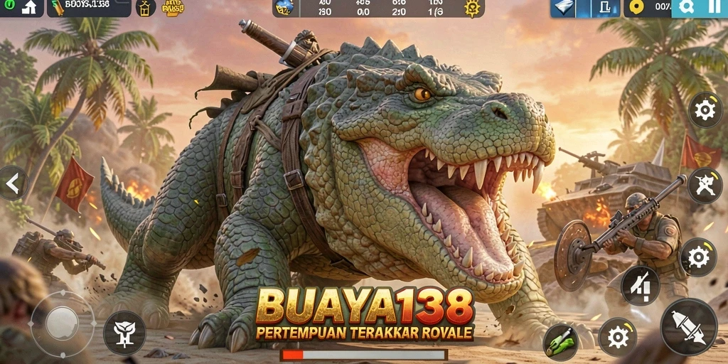 Screenshot utama dari gameplay intens di BUAYA138 Battle Royale.