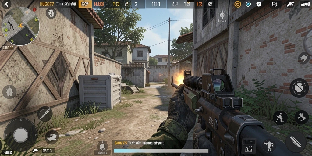 Screenshot menunjukkan aksi intens dalam permainan FPS HUGO77.