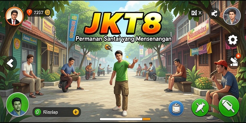 Tampilan gameplay JKT8 yang ceria dan menghibur.