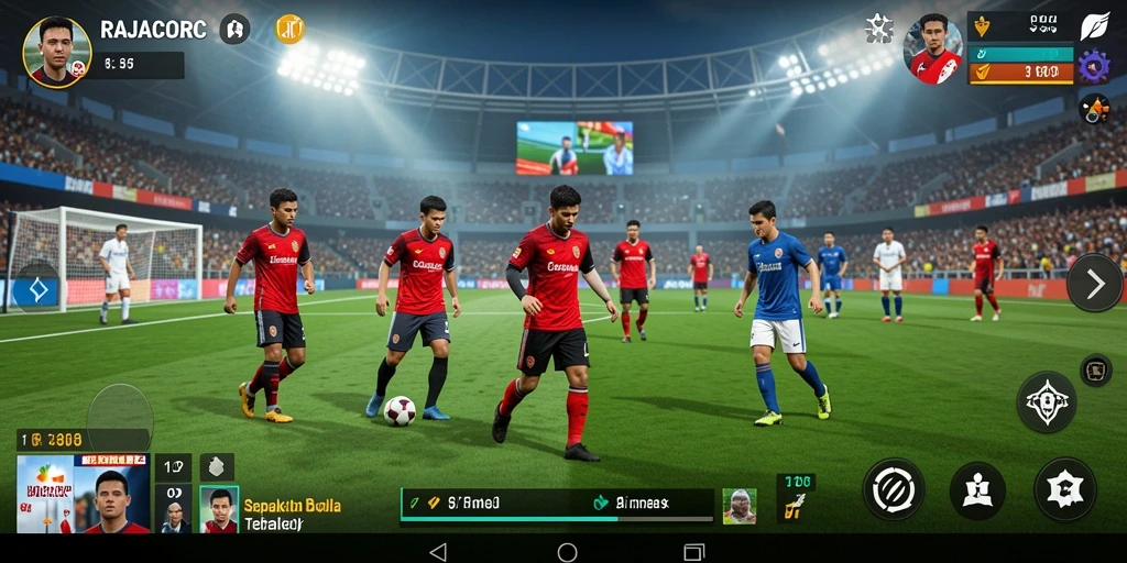 Tampilan gameplay pertandingan sepak bola yang menegangkan.
