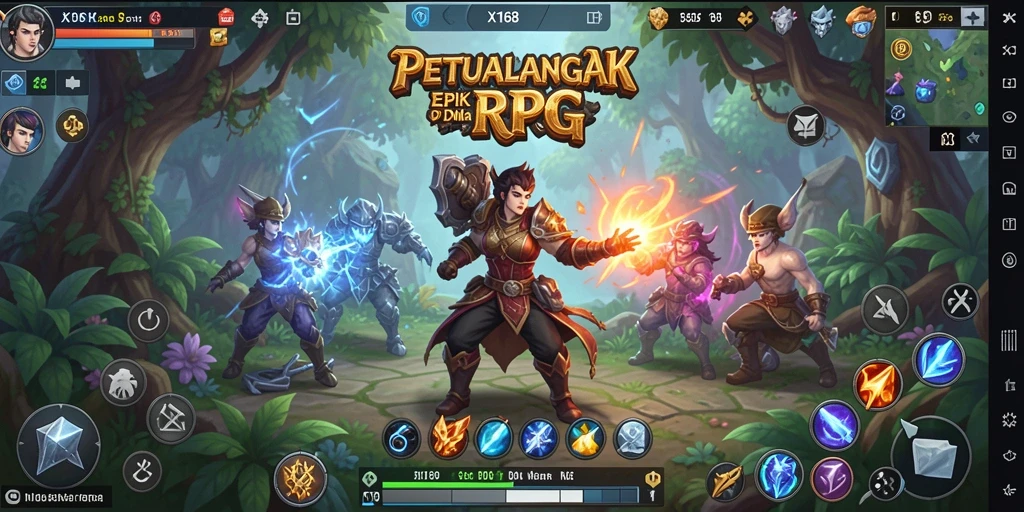 Tampilan gameplay X168 dengan pertarungan epik dan karakter yang beragam.